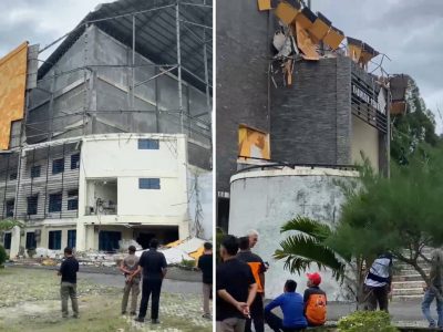 Dinding Luar Gedung DPRD Pesawaran yang Dibangun Tahun 2013 Berjatuhan