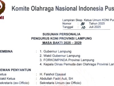 Inilah Susunan Pengurus KONI Lampung Masa Bakti 2025-2029