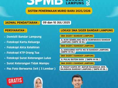 Pendaftaran SMA Siger Bandar Lampung Dibuka 9–10 Juli, Gratis untuk Warga Kurang Mampu