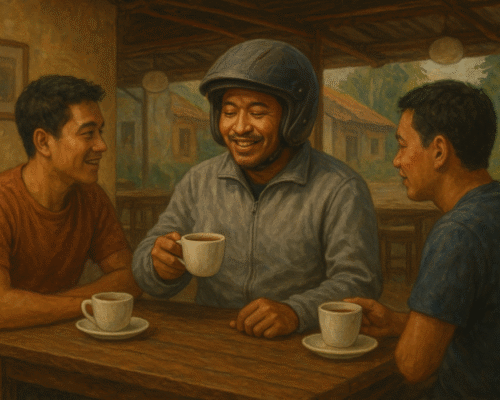 Mang Kanon dengan Secangkir Kopi Manis Tanpa Merek